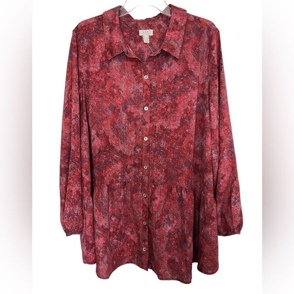 Logo by Lori Goldstein Red/Purple Abstract Lagenlook Peplum Hem Tunic 1X - Picture 1 of 8